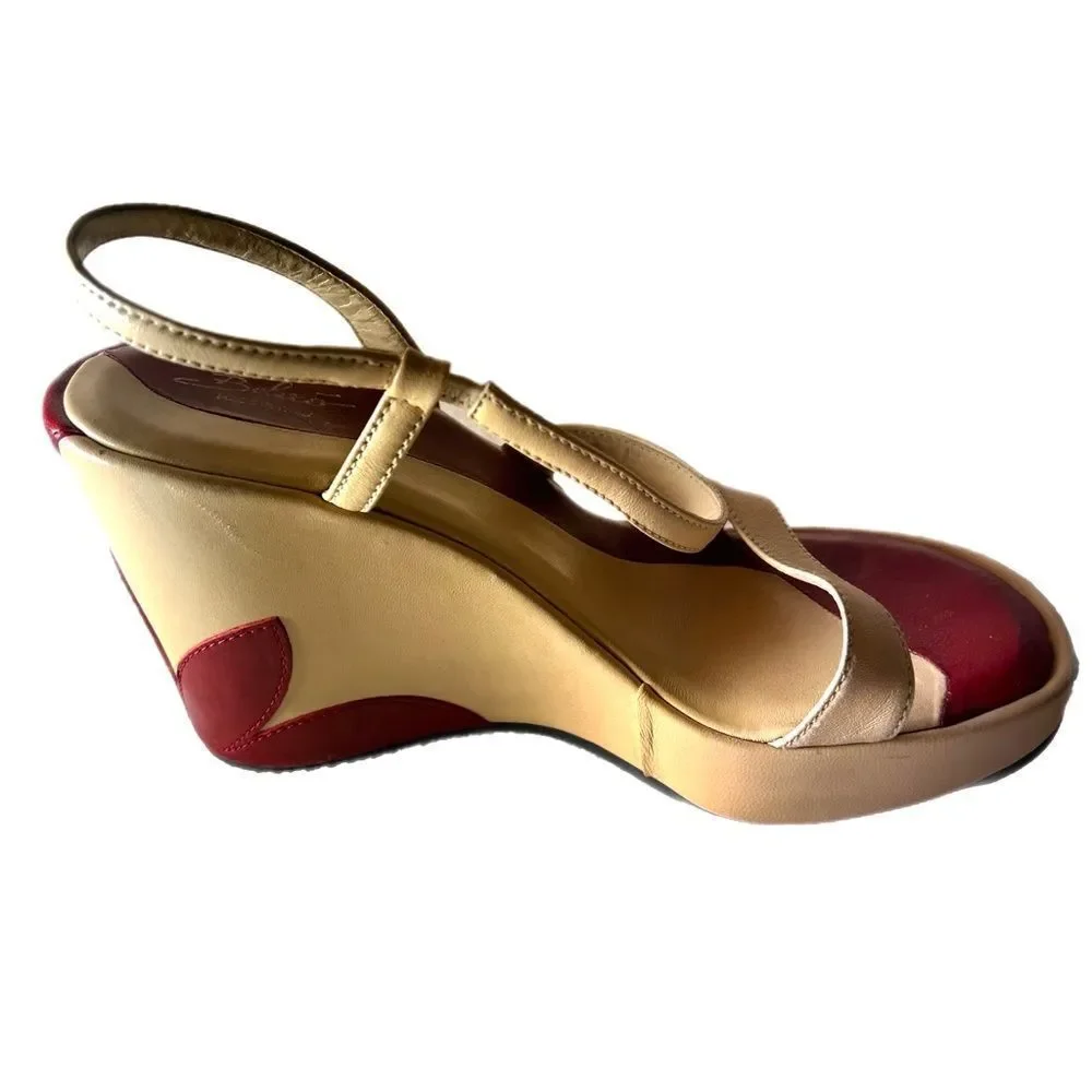 Bolero Italian Leather Tan Red Flower Wedge Heels Women’s size 36
